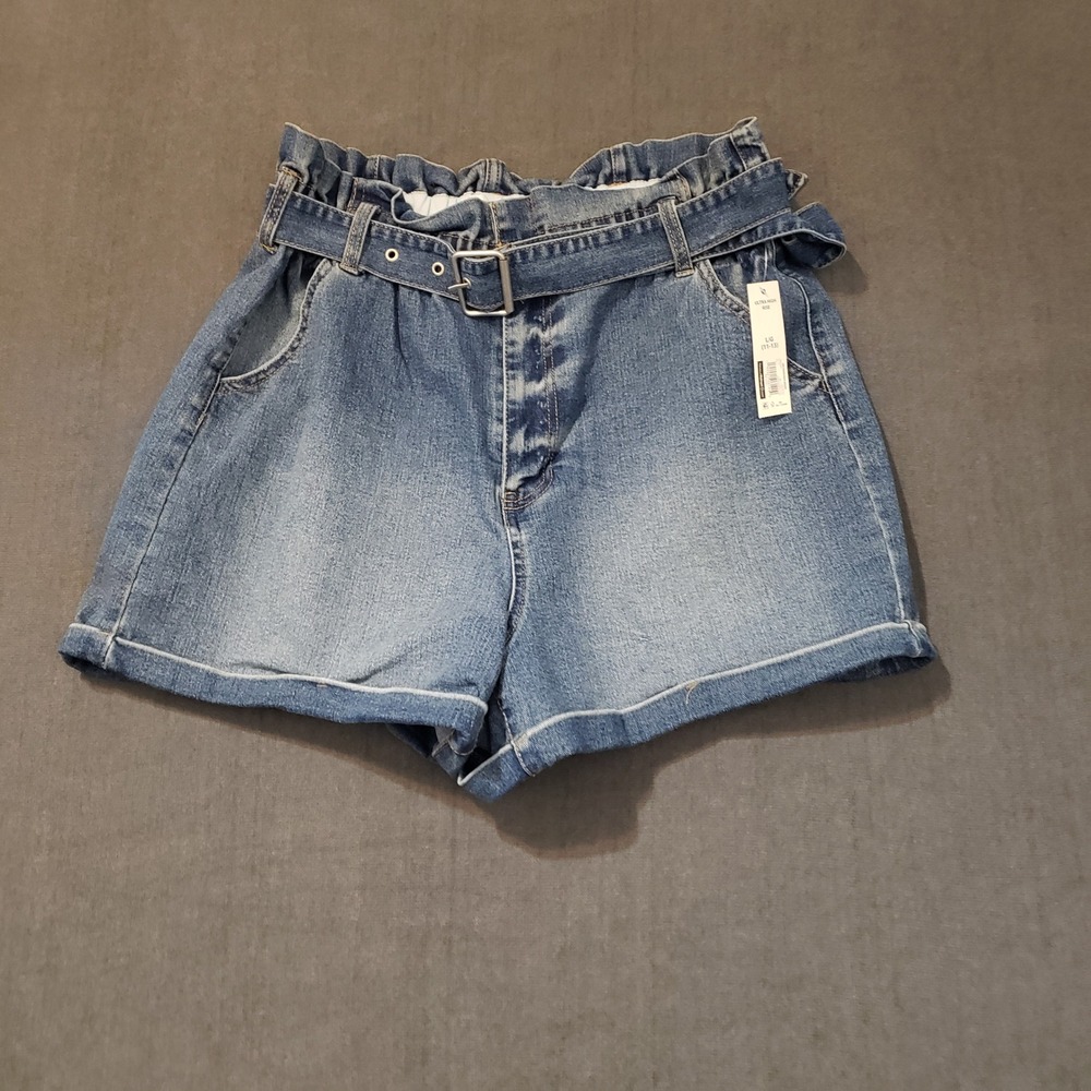 No Boundaries Paperbag Denim Shorts Womens L‎ 11-13 Blue Ultra High Rise Belted